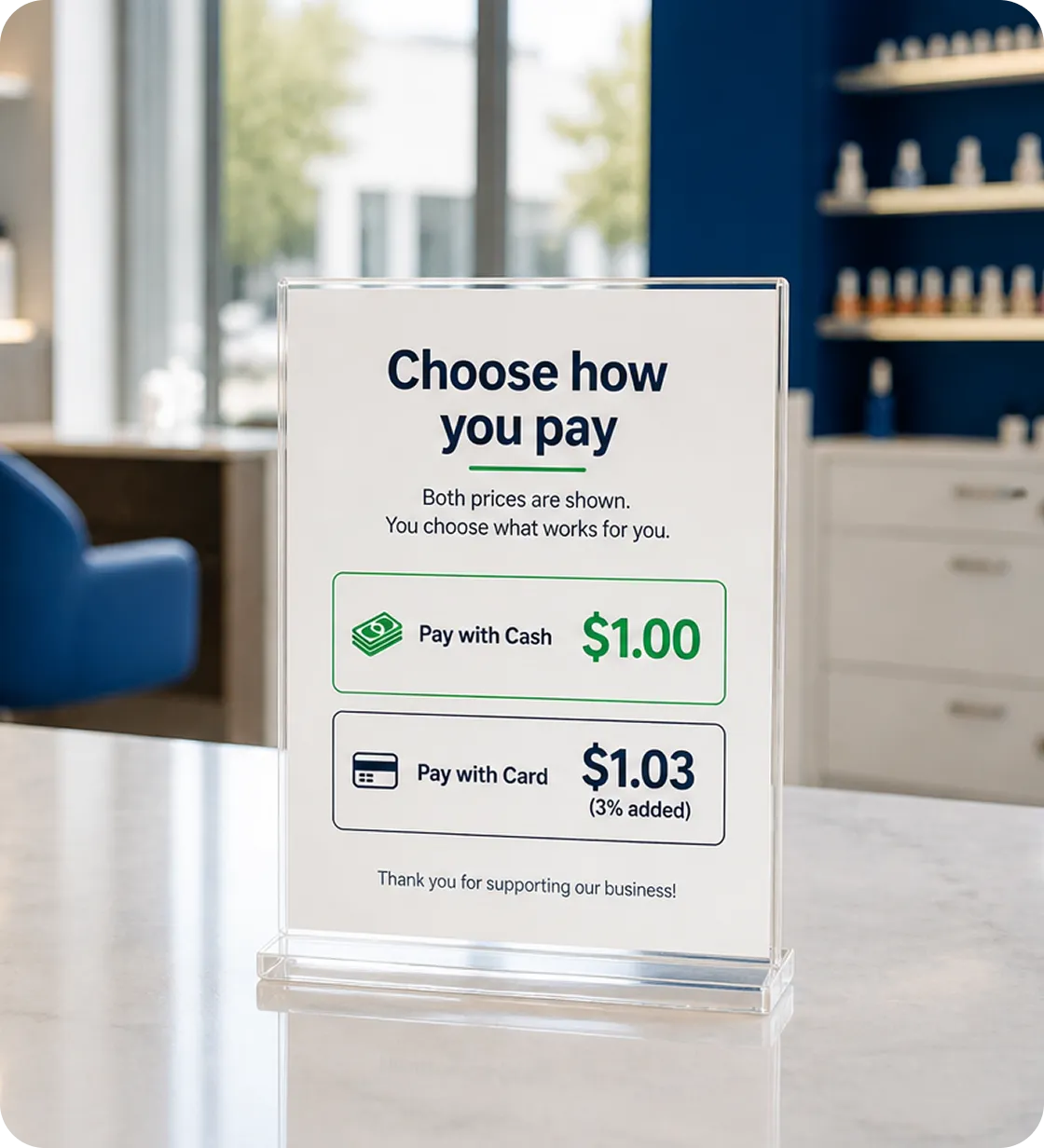 Dual pricing sign showing cash and card payment choices.